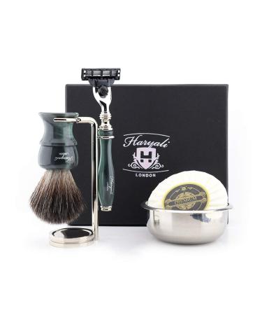 Haryali London Men's Shaving Set with 3 Razors Synthetic Hair Shaving Brush Stand Soap and Bowl 5 Piece Set