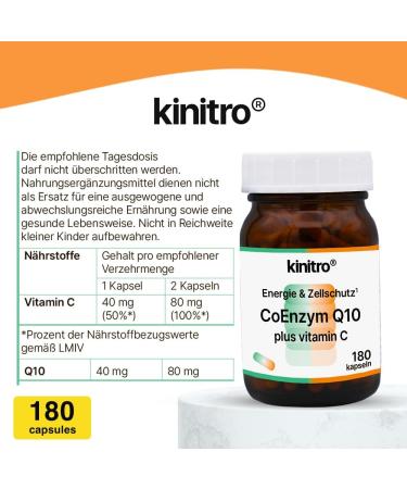 Kinitro Coenzyme Q10 & Vitamin C - Vegan Dietary Supplement 80mg High-Quality Q10 (Ubichinon) & Acerola Powder in 2 Capsules - Buy Online on GoSupps.com
