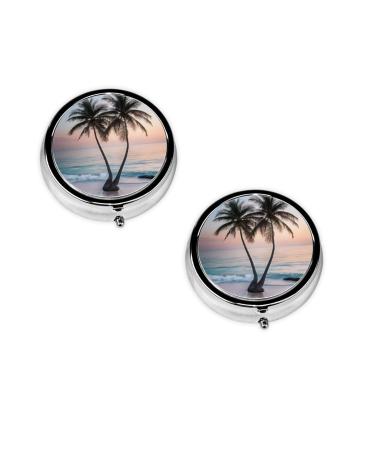 Sunrise Tropical Palm Tree Island Printed Mini Round Pill Box Pill Box 3 Compartment Medicine Pill Case Pill Organizer Travel Pillbox Portable Pill Box for Pocket Home Office Use