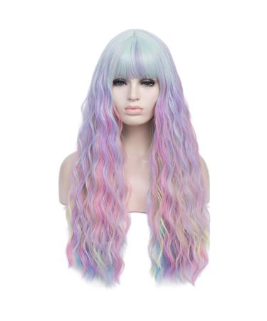 Colorful Rainbow Wigs with Bangs for Women Pastel Long Wavy Curly Colored Purple Goth Hair Wig for Music Festival, Themed Parties, Halloween, Wedding - 27.5''