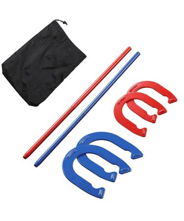 Horseshoe Outside Game Set, Complete with 4 Horseshoes, 2 Stakes-Blue and Red Colors, Perfect Addition for Parties and Outdoor Gatherings Horse Shoes Lawn Game
