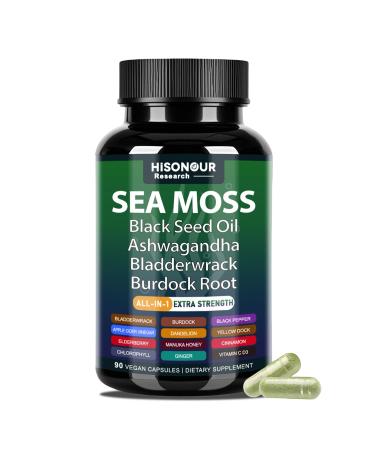 Sea Moss Capsules with Sea Moss Black Seed Oil Ashwagandha Bladderwrack Burdock Root Ginger Vitamins C & D3 All in 1 Sea Moss Supplement for Immune System & Energy Support - 90 Capsules