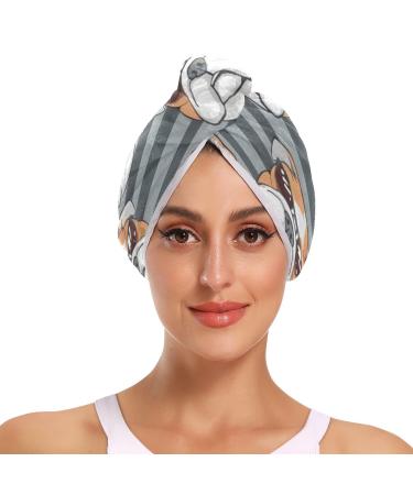 Bulldog Striped Background Hair Towel 2 Pack Super Absorbent Hair Drying Towel Quick Dry Hair Turbans Head Towel with Button Twisty Wrap for Women Girls
