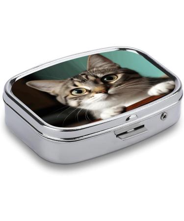 Curious Cat Print Pill Box - 2 Compartment Portable Pill Organizer | Decorative Metal Medicine Case for Pocket & Purse - International Shipping Available - Buy Online on GoSupps.com