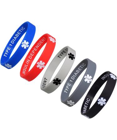 Type 1 Diabetic Medical Alert ID Silicone Bracelets 5 Pack - Privacy Enhanced Wristbands for Insulin Dependence - Buy Online on GoSupps.com