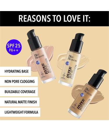 Bl/u/e H//e aven Hyper Matte Foundation for Face Makeup with SPF 25 PA++ Matte Finish Light Weight Formula Medium Coverage for All types of Skin Cream 103-Natural Sand 30ml - Buy Online on GoSupps.com