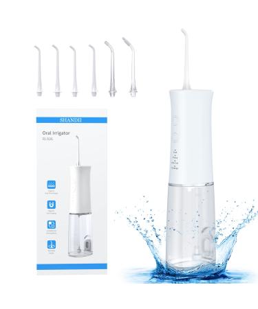 Water Flosser Cordless, SHANDII Portable Oral Irrigator for Teeth with 6 Jets, USB Rechargeable, 30 Days Battery Life, Detachable Water Tank, IPX7 Waterproof, for Home and Travel, White, RLI506