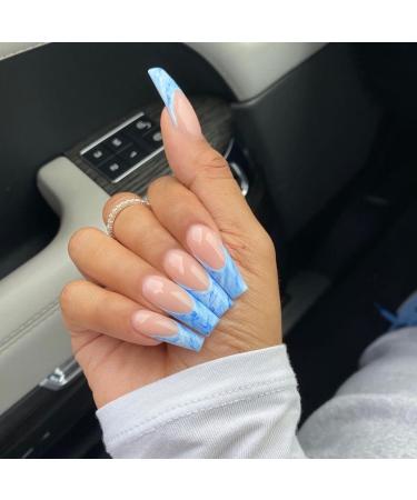 24Pcs Long Coffin Blue Waves Design False Nail Full Cover French Ballerina Fake Nails DIY Manicure Tools Decoration Detachable 1