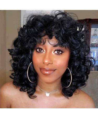 KEAT Short Wigs for Black Women Curly Afro Kinky Wavy Wig with Bangs Black Natural Looking Synthetic Hair Replacement Wigs Heat Resistant for Daily Party 14 Inch K001BKA
