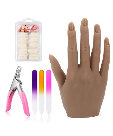 Silicone Practice Hand for Acrylic Nails,Flexible Bendable Nail Practice Hand,Life Size Soft Nail Mannequin Training Hand for Nails Practice Nail Tools Kit with 100pcs Nail Tips,Clipper(Right Hand)