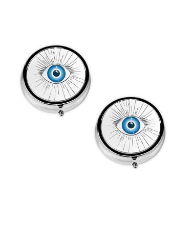 (Evil Eye) Round Pill Box 3 Compartment Pill Box Mini Decorative Pocket Purse Portable Travel Medicine Tablet Vitamin Holder Organizer Pill Case
