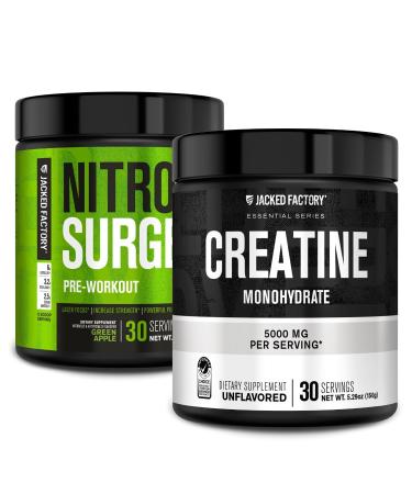 Jacked Factory NITROSURGE Pre Workout Supplement (Green Apple 30 Servings) & Creatine Monohydrate Powder (Unflavored 30 Servings)