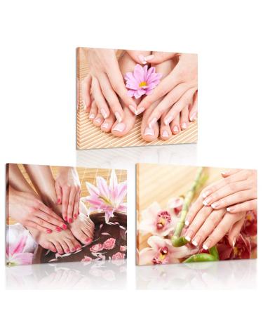 iKNOW FOTO Canvas Set of 3 Wall Art Manicure Painting Hands Foot Bath Massage Spa Still Life with Flowers Pictures Nails Beauty Salon Posters Printed Giclee Print Gallery Wrap Ready to Hang for Walls