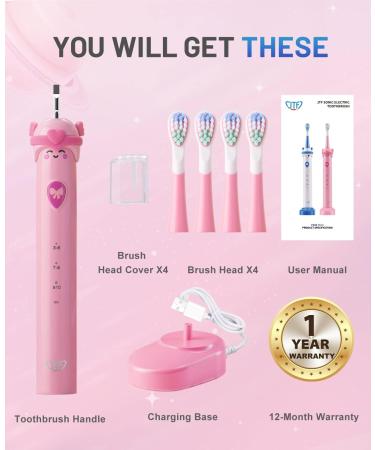 JTF Sonic Electric Toothbrush for Kids 3-12 | Rechargeable Pink Toothbrush with Smart Timer | 4 Kids Size Brush Heads Included - Buy Online on GoSupps.com