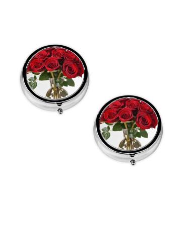 (Rose) Round Pill Box 3 Compartment Pill Box Mini Decorative Pocket Purse Portable Travel Medicine Tablet Vitamin Holder Organizer Pill Case Black