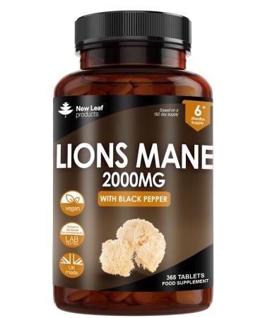 Lions Mane Mushroom 2000mg - 365 High Strength Vegan Tablets - Lion's Mane Supplement with Black Pepper - Lion's Mane Mushrooms Extract (Not Powder or Capsules) Made in The UK by New Leaf Products 365 count (Pack of 1)