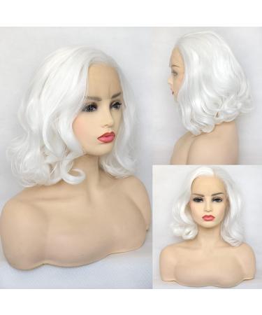 BLUPLE Short Wavy Bob Style White Lace Front Wig 12 Inches - Platinum White Loose Wave Curly Synthetic Hair Replacement Full Wig for Women - Buy Online on GoSupps.com