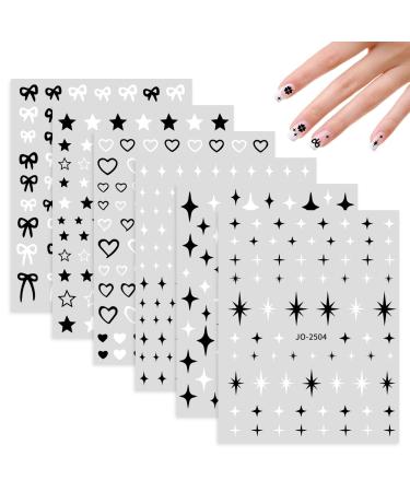 Abeillo 6 Sheets Nail Art Stickers Decals Self Adhesive Nail Stickers for Nail Art Star Heart Nail Decals Bow Nail Charms for Women Nail Decoration Supplies