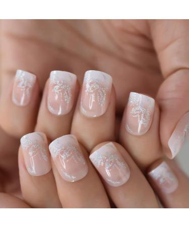 Shop Coolnail Holo Bling Butterfly Glitter Fake Nails - Pink Nude White French Squoval Square Press-On Nail Art Tips - International Shipping Available - Buy Online on GoSupps.com