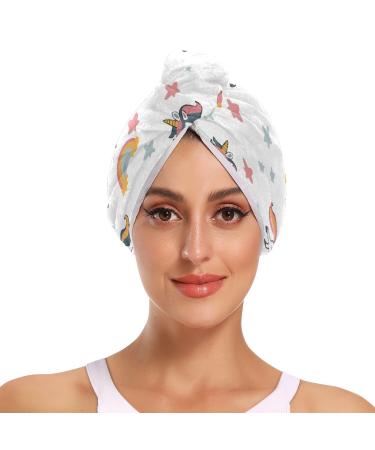 Unicorn Rainbow Star Hair Towel 2 Pack Super Absorbent Hair Drying Towel Quick Dry Hair Turbans Head Towel with Button Twisty Wrap for Women Girls
