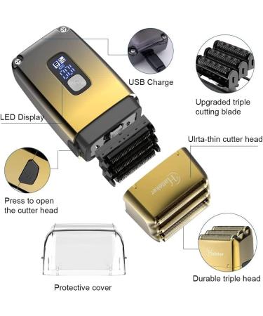 Hatteker Triple Blades Shaver Electric Shaver Razor for Men Close Bald Head Barber Shaver Trimmer Waterproof Wet & Dry Cordless Gold - Buy Online on GoSupps.com