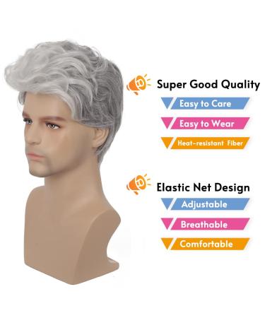 RicHyun Men's Short Grey Curly Wig | Heat Resistant Synthetic Hair Replacement for Daily Wear & Costumes - Buy Online on GoSupps.com
