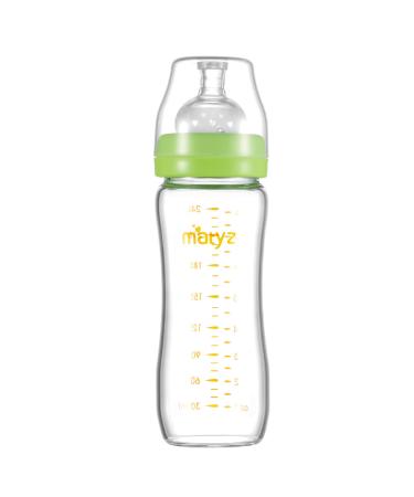 Matyz 8 Ounce Glass Baby Feeding Bottle with Nipple  Light and Slim Bottle Easy to Hold  Food Grade Borosilicate Glass  Wide Neck Breastmilk Feeding Bottle Easy to Clean  BPA Free (Green Lids)  1 PC  Green - 8 Ounces Bor...