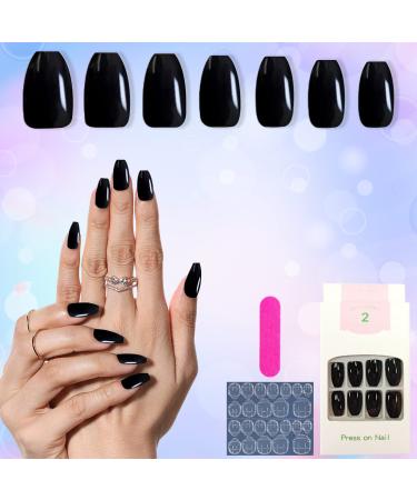 24 pieces shiny coffin press on nails medium -length black artificial nails full -surface artificial nail tips for daily use shiny black