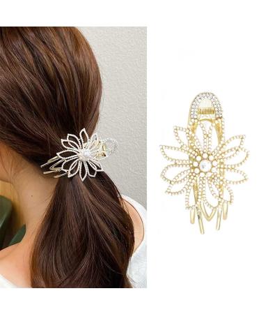 Bohend Large Pearl Hair Claw Flower Thick Hair Clip Strong Large Rhinestone Hair Styling Accessories for Women and Girls 2