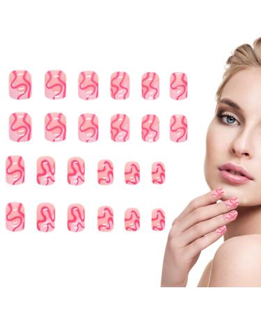 Short False Nails Pink White Pink Short False Nails Cute Curve Design Stick On Nails Glue On Colorful Square Short Artificial Full Stick On Nails