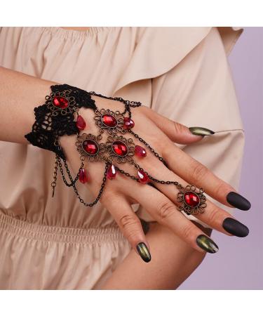 Kercisbeauty Ruby Red Gemstones Tassel Pendant Wristband with Finger Ring Black Lace Hand Harness for Women Girls Vampire Hand Jewelry (Style 1)