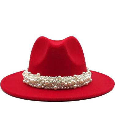 Qkrlamx Women's Black Wool Fedora Hat with Pearl Band - Wide Brim Classic Trilby Style in Red - Buy Online on GoSupps.com