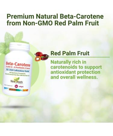 NEW ROOTS HERBAL Beta-Carotene 25 000 IU Supplements | Vitamin A (90 Softgels) | Full Spectrum of Carotenoids | Naturally Sourced from Non-GMO Red Palm Fruit + Organic Flax Seed Oil - Buy Online on GoSupps.com