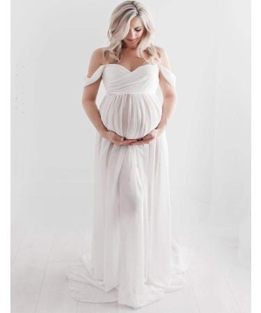 Feoya Maxi Maternity Dress - White Chiffon Lace Strapless Gown for Pregnant Women Photography - Buy Online on GoSupps.com