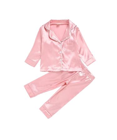 Verve Jelly Baby Boy Girls Pajama Set Long Sleeve Button Down Sleepwear Nightwear Kids Satin Top Pants Outfit 2-Piece Set 3-4 Years Pink