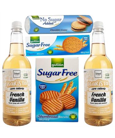 ZERO CALORIE Skinny Syrup (2pack) & Gullon SUGAR FREE Biscuits 250g 330g 400g BUNDLE - French Vanilla 1L x 2 bottles - Sugar Free Gluten Free Fat Free Vegan Friendly Diabetic Friendly