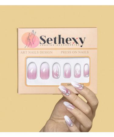 Sethexy Ombre Short Ballerina Press-On Nails - Pink Acrylic Crystal Fake Nails - 24-Piece Wedding Set for Women & Girls - Buy Online on GoSupps.com