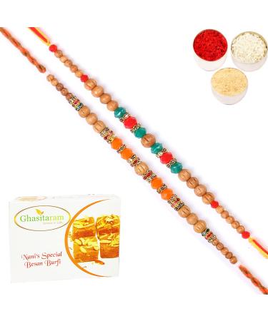 Ghasitaram Gifts Rakhi for Brother Rakhis Online - Set of 2 6490 6493 Fancy Rakhis with 200 GMS of Besan Barfi