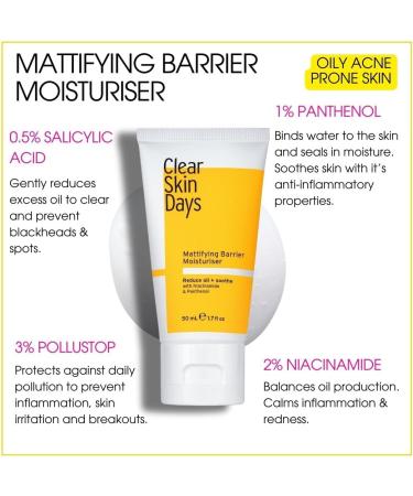 Clear Skin Days Mattifying Barrier Moisturiser - Blemish & Acne Treatment Gel For Oil Control - Reduce Blemishes Protect and Hydrate Skin Control Sebum Production - Reduces Inflamed Acne - 50ml - Buy Online on GoSupps.com