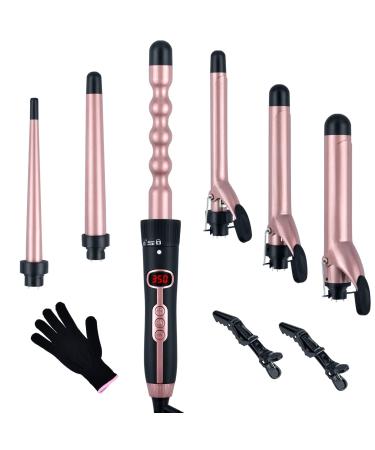 6 in 1 Curling Iron Set, Curling Wand Set Interchangeable Ceramic Barrels, Hair curlers with LCD Temperature Display Heats Up Quickly with Dual Voltage Hair Crimper Waver, with Glove & 2 Hair Clips