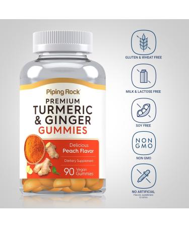 Piping Rock Turmeric and Ginger Gummies | 90 Count | Peach Flavor | Vegan Formula | Non-GMO Gluten Free Supplement - Buy Online on GoSupps.com