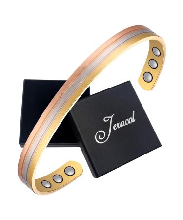 Jeracol Copper Magnetic Bracelet for Women Three Colors Striped Solid Copper Magnetic Cuff Bangle with 6 Pcs Ultra Strength Magnets Adjustable Size Magnetic Brazaletes & Jewelery Gift Box 1A-COPPER