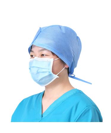 Disposable Working Caps Unisex Blue Surgical Scrub Dental Cap with Adjustable Tie Back 100