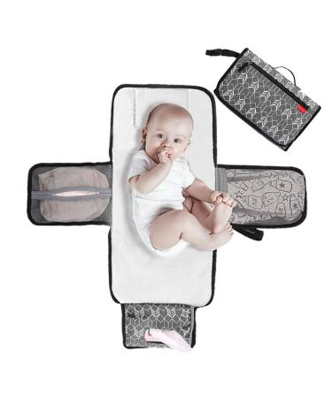 Lekebaby Portable Nappy Changing Mat Travel Baby Change Mat with Wipe-Pocket and Head Cushion Grey A-Grey