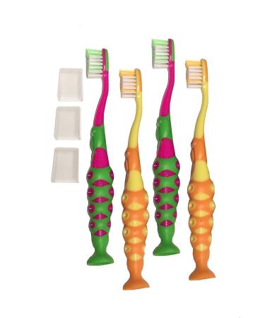 4-Pack of Kids Childrens Toddler Girls Boys Extra Soft Bristle Easy Grip Training Suction Base BPA Free Toothbrush Set w/Travel Dust Covers
