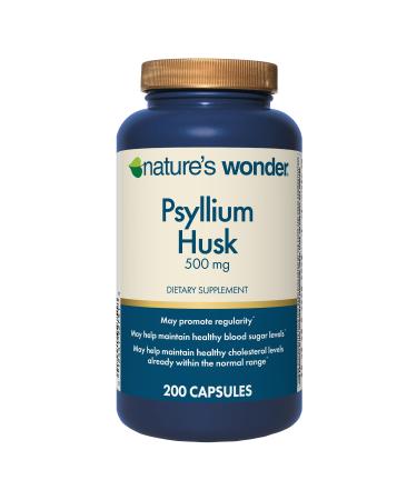 Nature's Wonder Psyllium Husk 500 mg Capsules for Digestive Health Plant-Based Fiber 200 Count