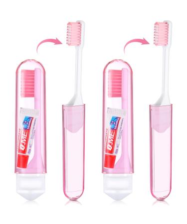 Nuen 2 pieces portable soft toothbrushes travel toothbrush foldable camping toothbrush with soft bristle mini foldable travel toothbrush with toothpastes for children adults (pink) case pink