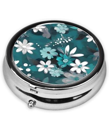 Teal Grey & White Floral Round Pill Box | 3 Compartment Portable Travel Organizer - Buy Online on GoSupps.com