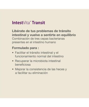 VITAE INTESTVITA TRANSIT 60cap is a capsule formula designed for regular use It is taken regularly according to the indicated dosage The package contains 60 capsules This is how it becomes an Unflavoured 60 Unidad Paquete  - Buy Online on GoSupps.com