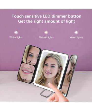 KDKD Travel Mirror: Mini Trifold Lighted Makeup Mirror - USB Rechargeable, Portable and Compact Vanity Mirror with 3 Light Modes, Touch Screen Dimming - Cosmetic Black - Buy Online on GoSupps.com